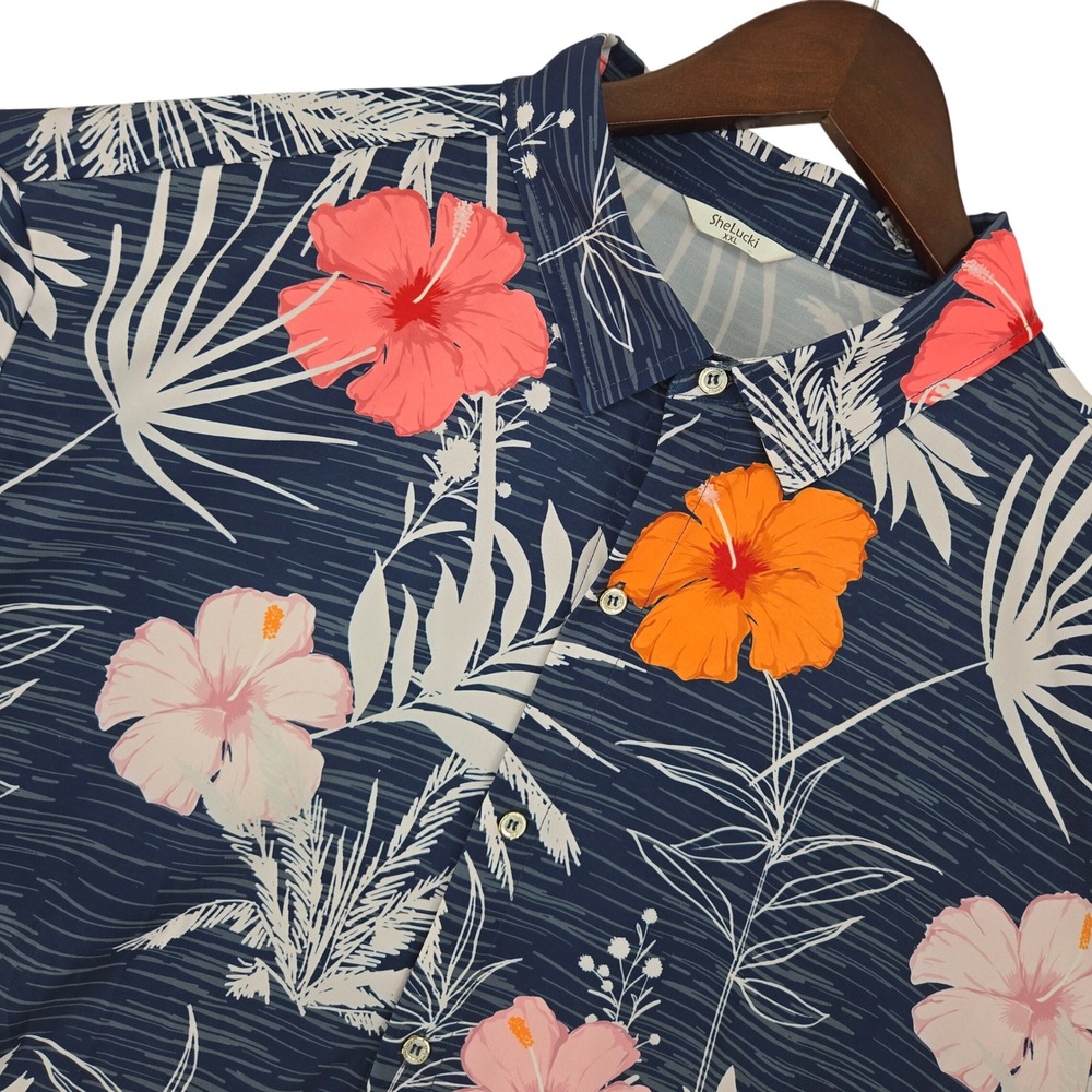 SheLucki XXL Floral Hibiscus Tropical Button Up Shirt Mens Hawaiian Beach Navy